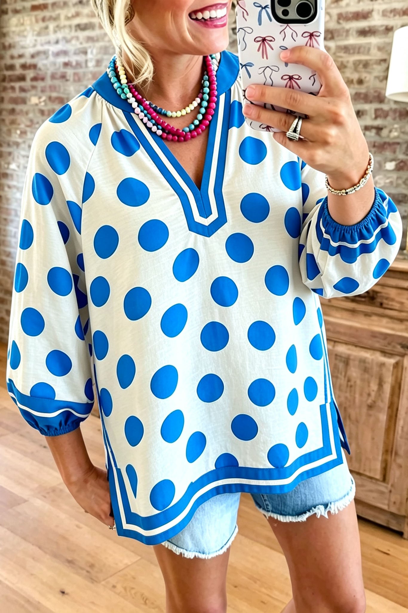 Retro Polka Dot Split V-Neck Top