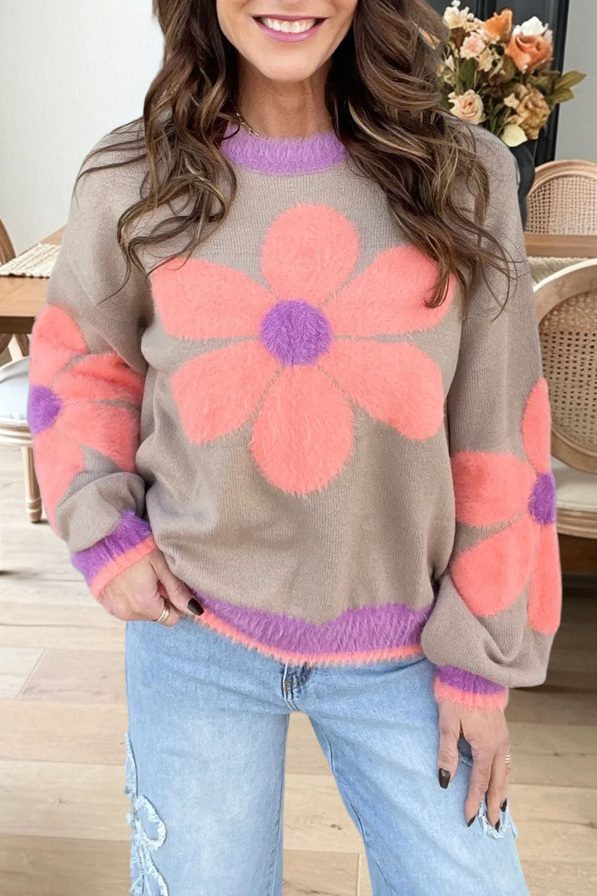 Floral Fuzzy Colorblock Crewneck Sweater