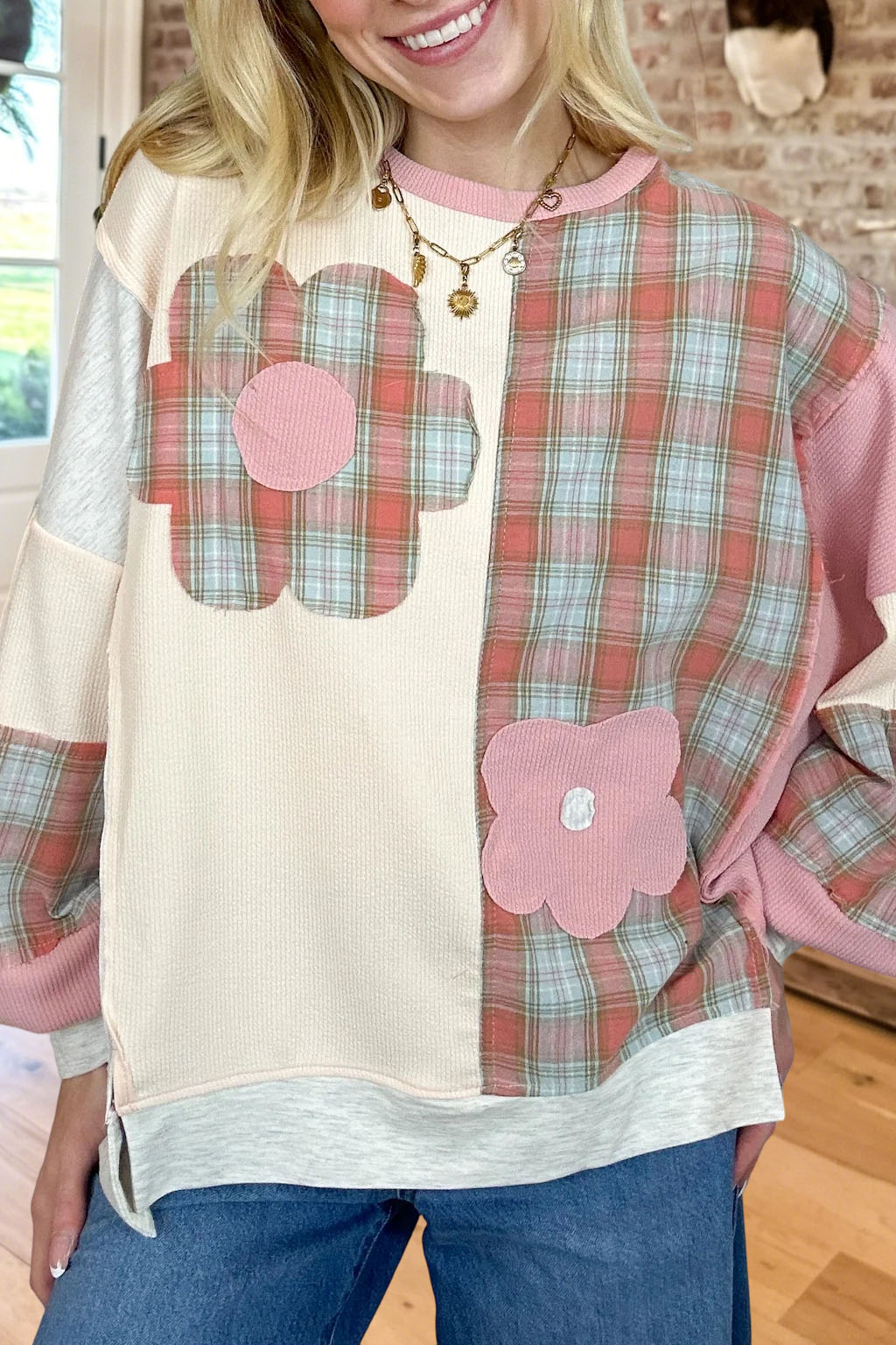 Floral Plaid Patchwork Waffle Sweatshirt