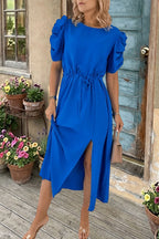 Puff Sleeve Drawstring Split Midi Dress