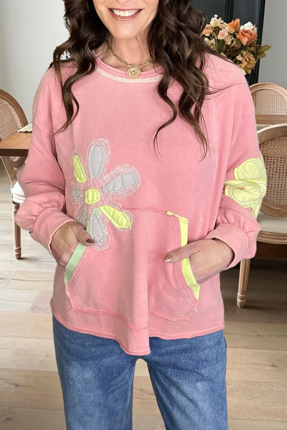 Floral Appliqué Pocket Sweatshirt
