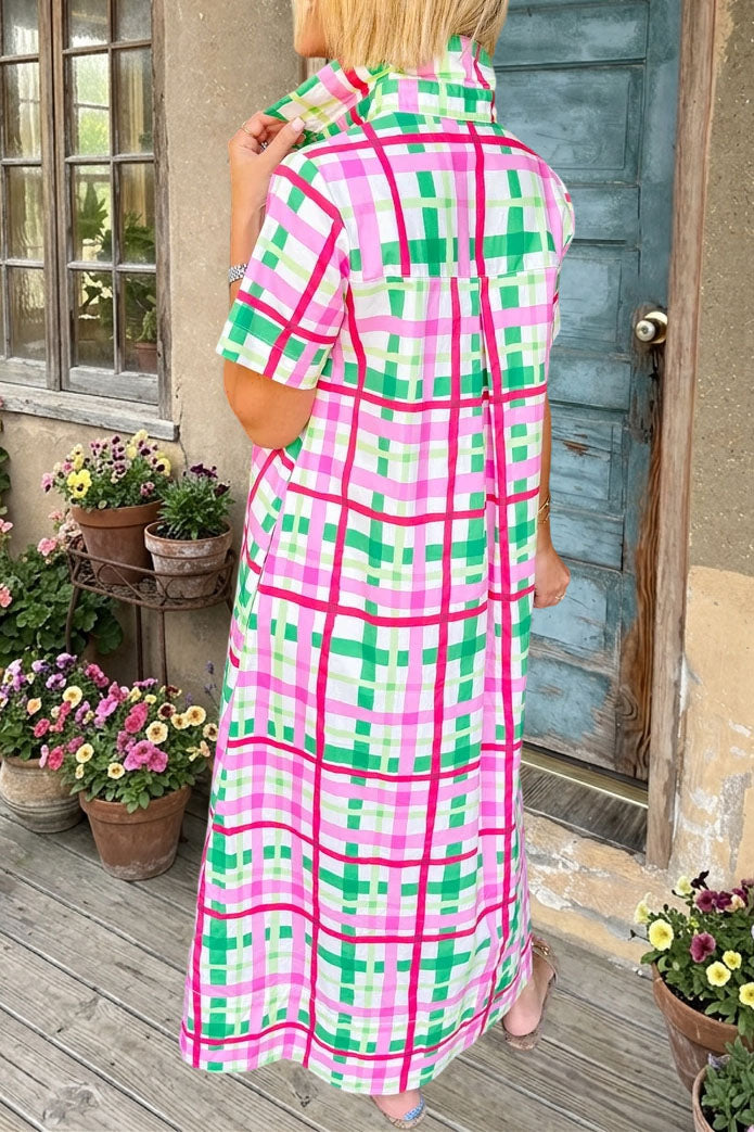 Plaid Lapel Short Sleeve Maxi Dress