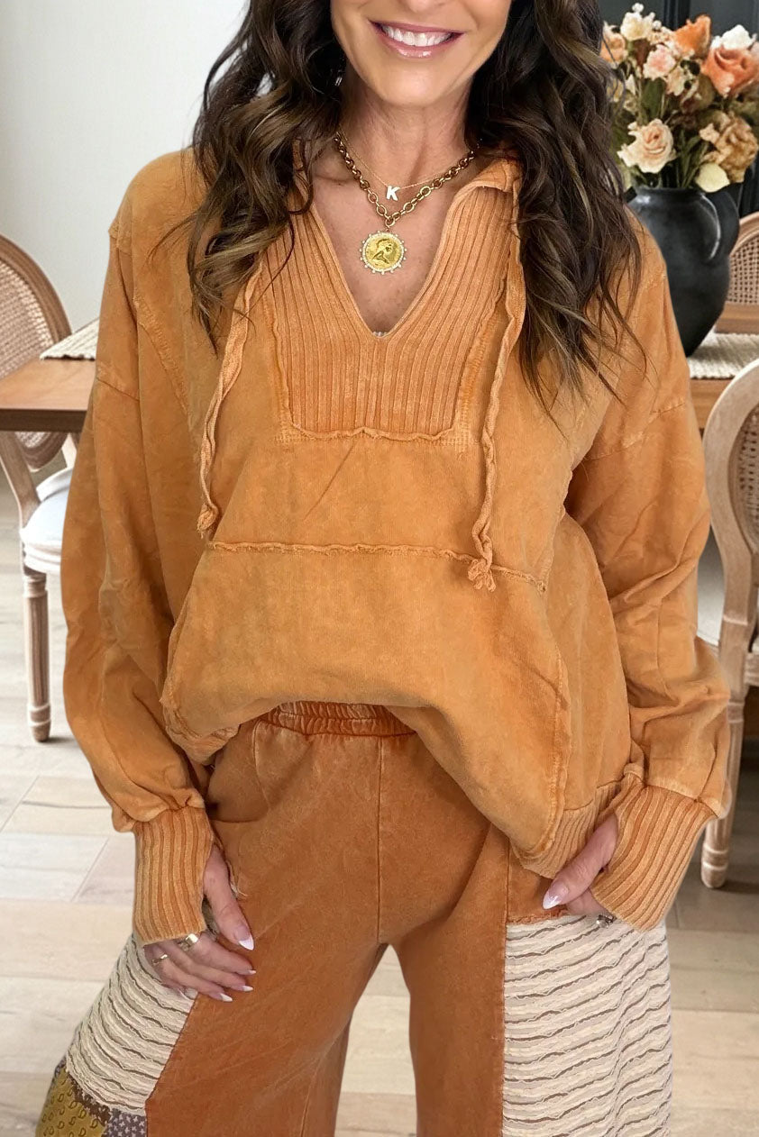 V-Neck Washed Hooded Top