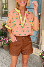 Graphic V-Neck Short Sleeve Blouse