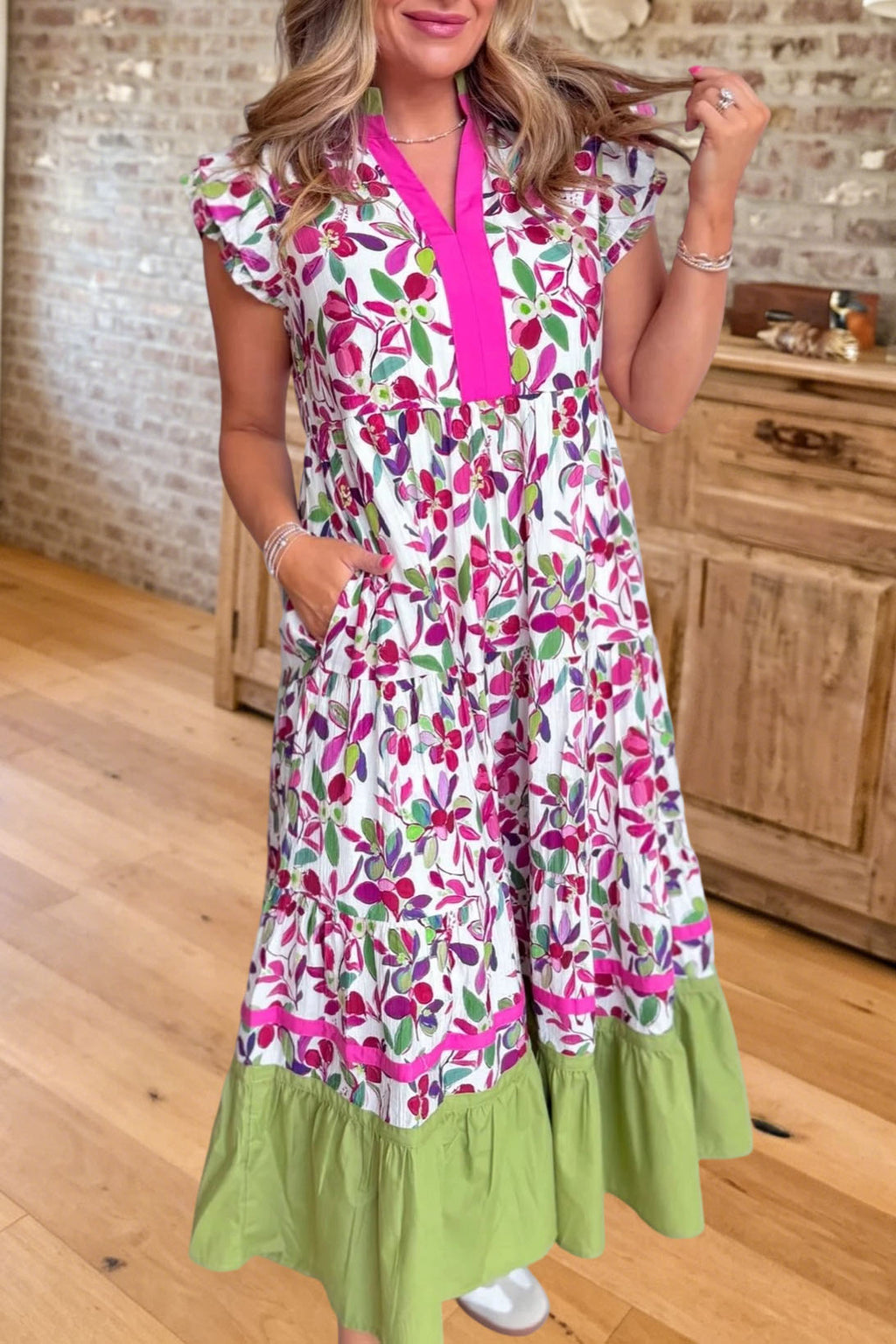 Floral Flutter Sleeve Tiered Maxi Dress