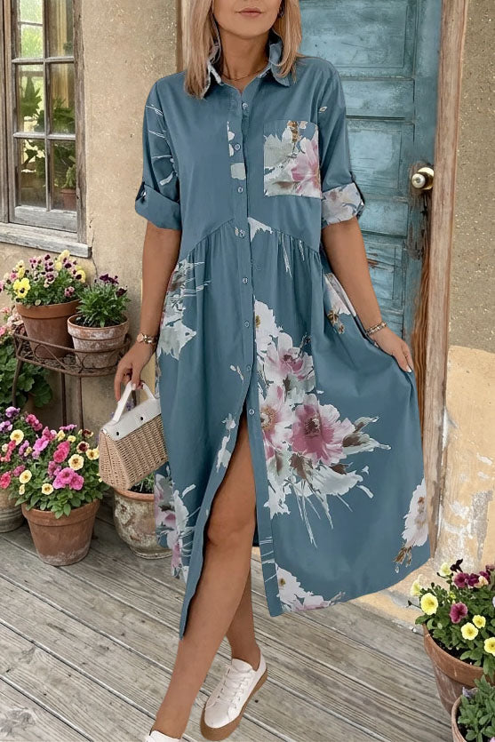 Floral Printed Button Shirt Midi Dress