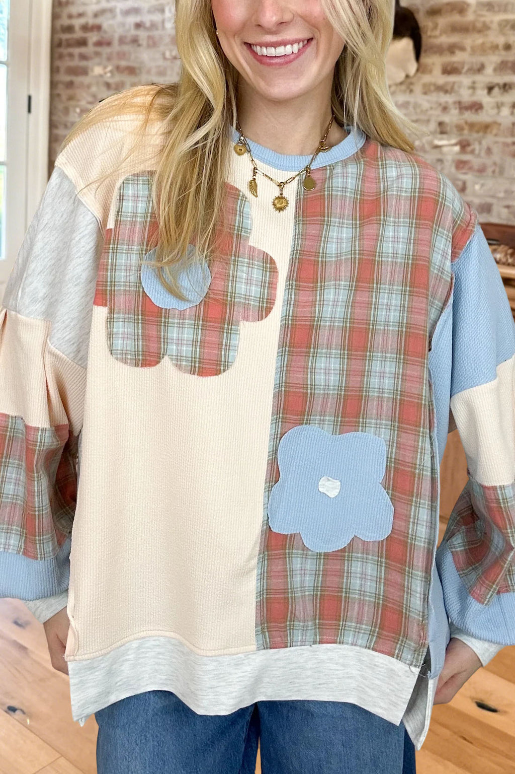 Floral Plaid Patchwork Waffle Sweatshirt