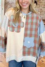 Floral Plaid Patchwork Waffle Sweatshirt