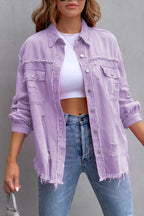 Distressed Raw Hem Denim Jacket