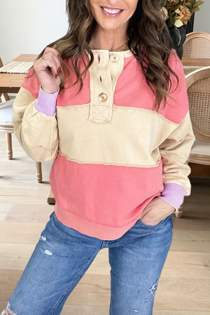 Colorblock Button Henley Sweatshirt