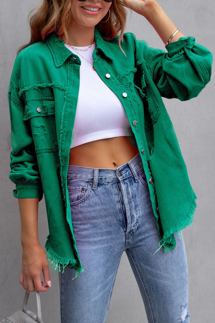 Distressed Raw Hem Denim Jacket