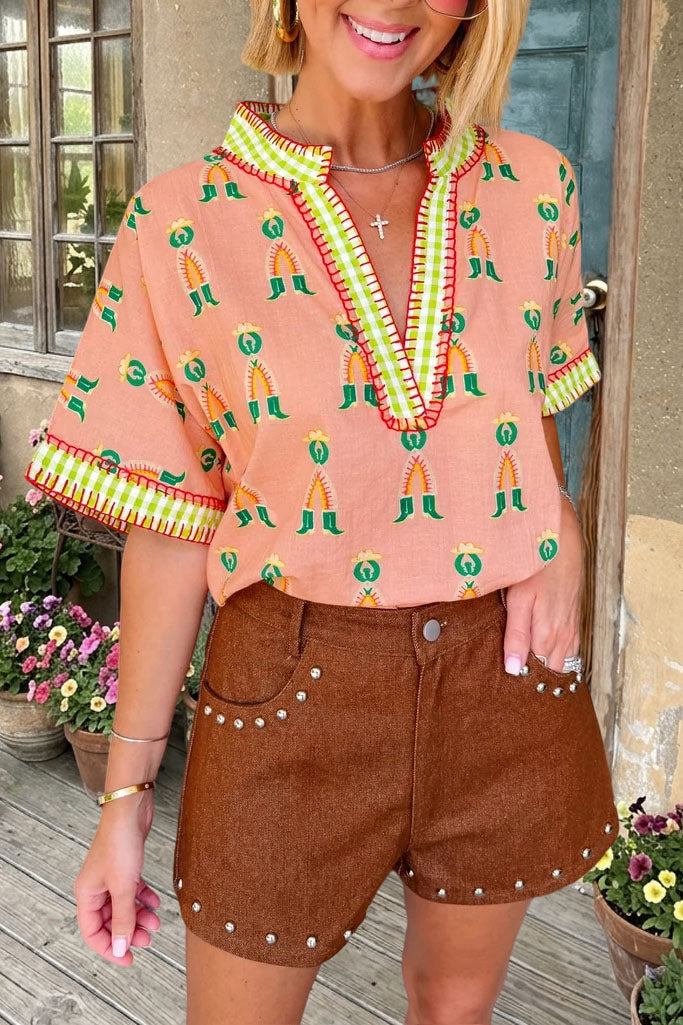 Graphic V-Neck Short Sleeve Blouse