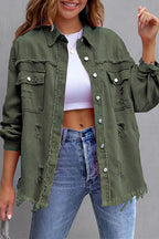 Distressed Raw Hem Denim Jacket
