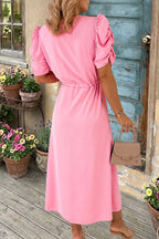 Puff Sleeve Drawstring Split Midi Dress