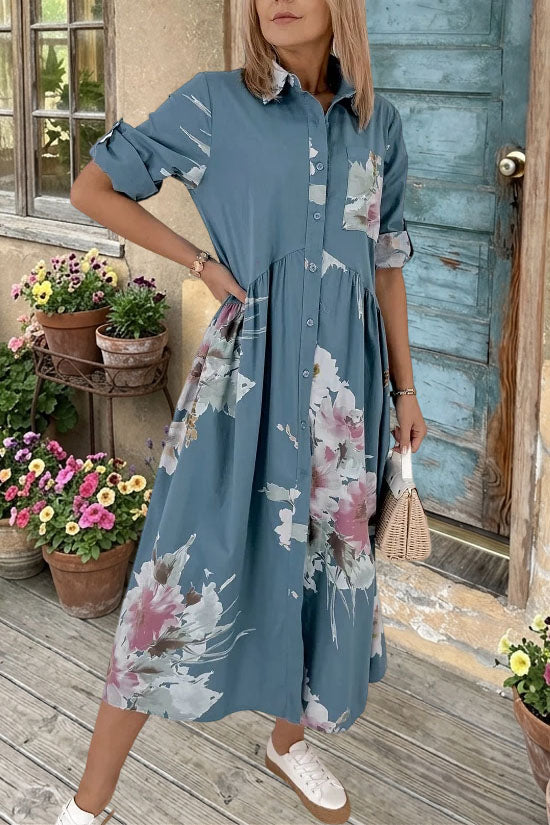 Floral Printed Button Shirt Midi Dress