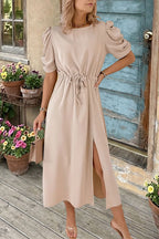 Puff Sleeve Drawstring Split Midi Dress