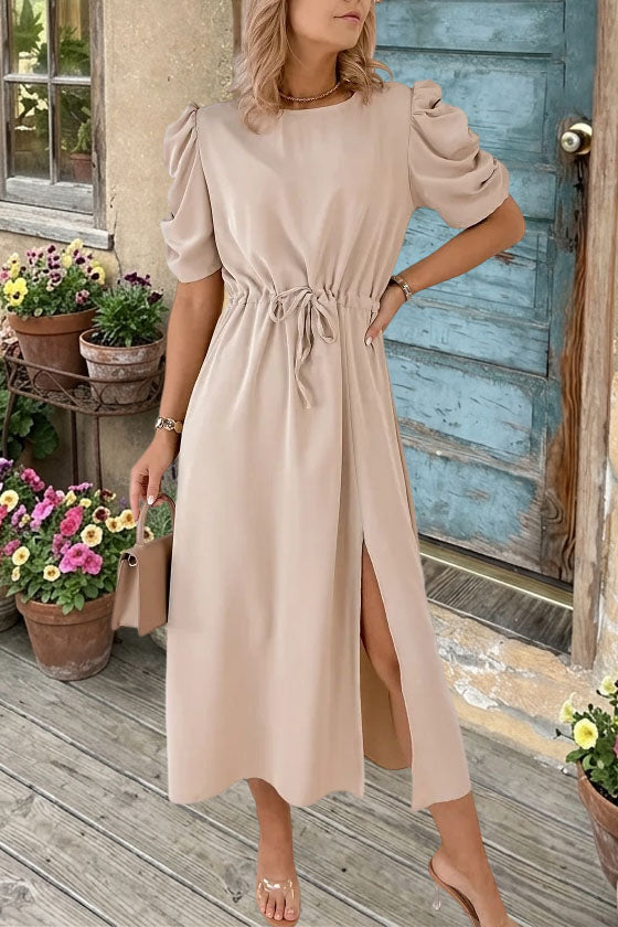 Puff Sleeve Drawstring Split Midi Dress