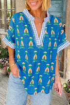 Graphic V-Neck Short Sleeve Blouse