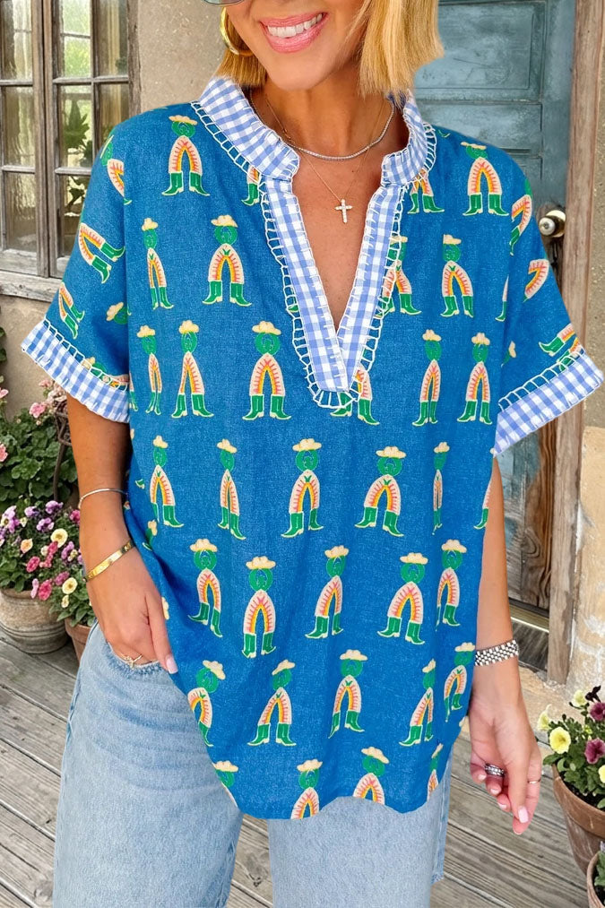 Graphic V-Neck Short Sleeve Blouse