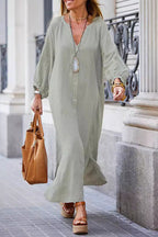 V-Neck Button Maxi Shirt Dress