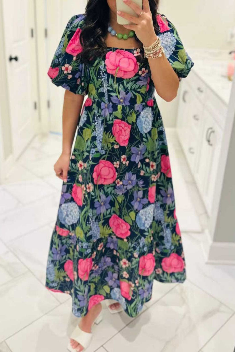 Floral Square Neck Puff Sleeve Maxi Dress