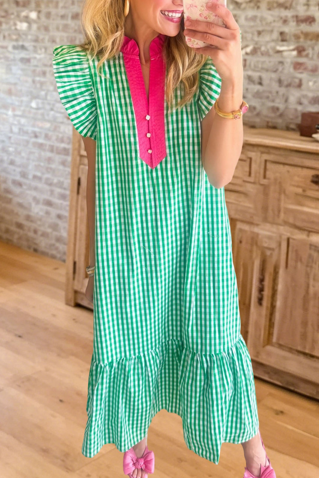 Gingham Flutter Sleeve Midi Dress