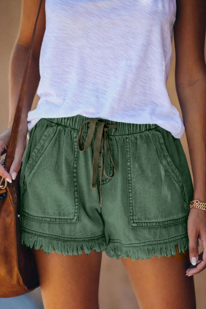 Casual Drawstring Fringe Denim Shorts