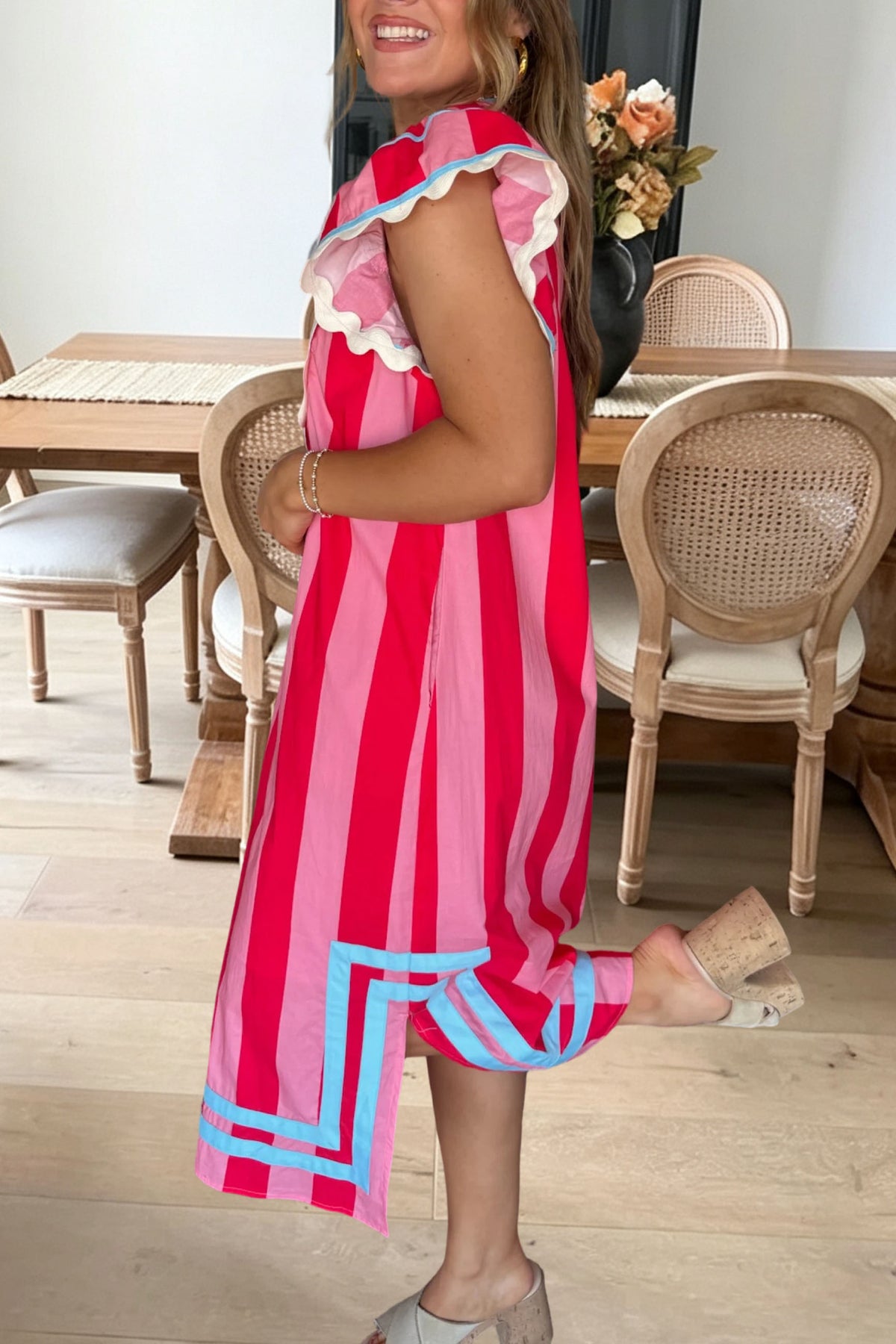 Striped Scalloped Flutter Sleeve Dress