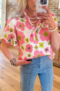Retro Floral Puff Sleeve Ruffle Blouse