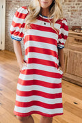 Striped Puff Sleeve Midi Dress