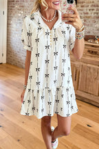 Bow Print Ruffle Hem Mini Dress