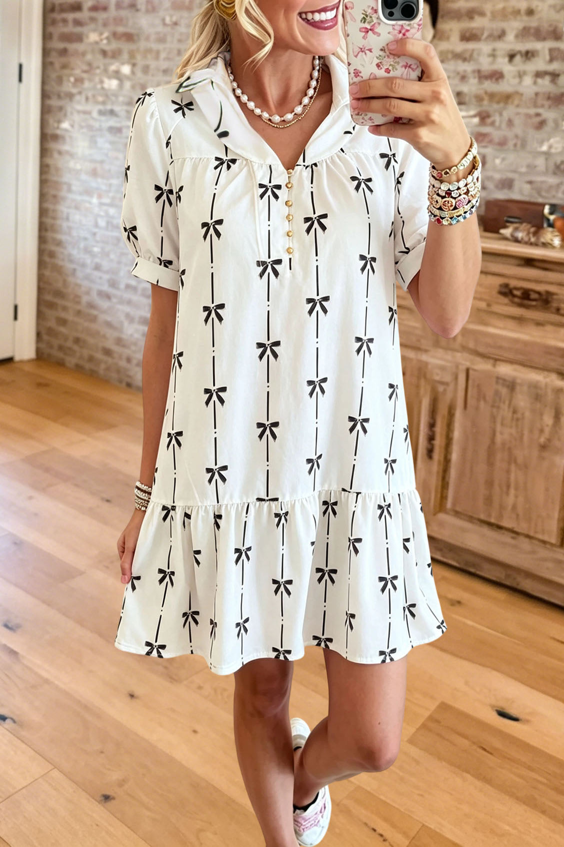 Bow Print Ruffle Hem Mini Dress