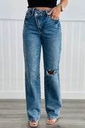 Cross Waist Ripped Straight Jeans