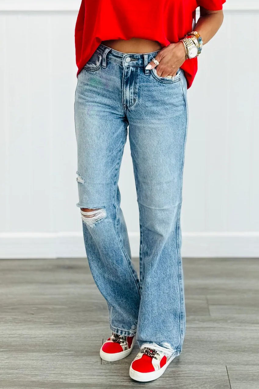Mid Rise Distressed Straight Leg Jeans