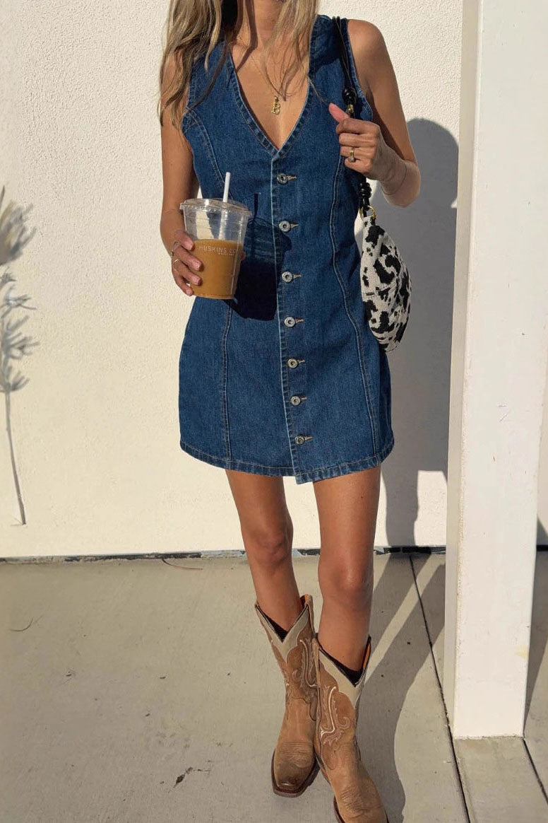 V-Neck Denim Mini Dress