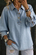 Denim Lapel Cuff Bow Blouse