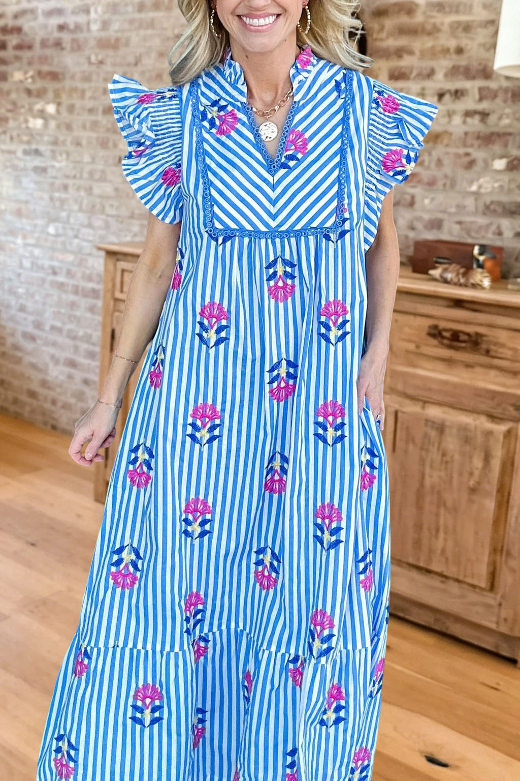 Floral Striped Flutter Sleeve Maxi Dress