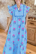 Floral Striped Flutter Sleeve Maxi Dress