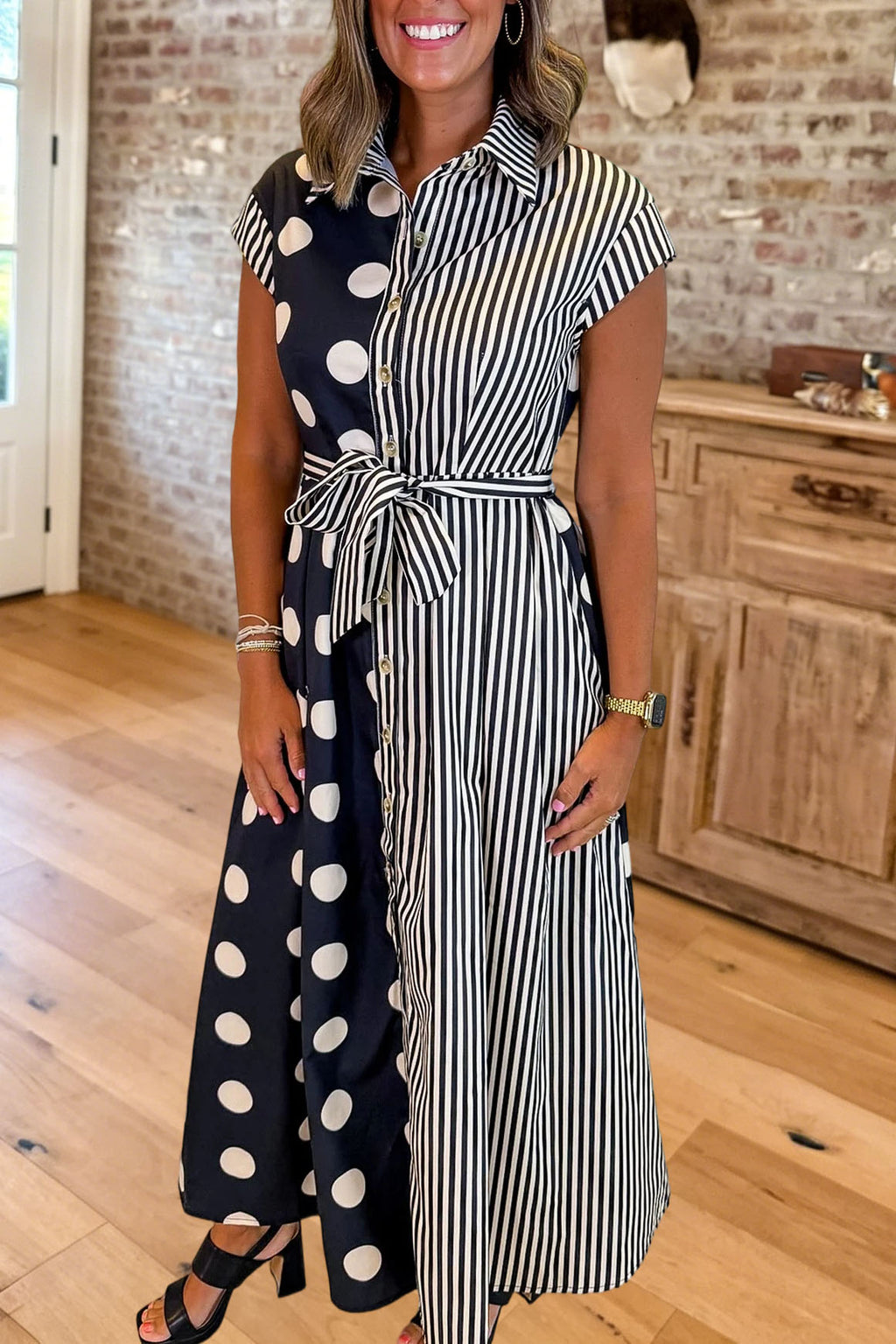 Striped Polka Dot Belted Shirt Dress