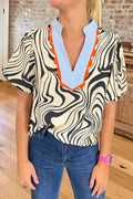 Abstract Print Scalloped V-Neck Top