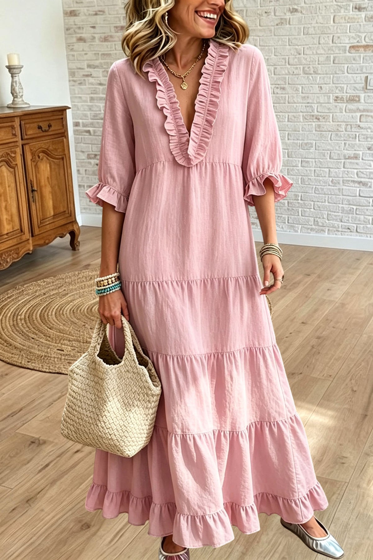 Ruffle V Neck Maxi Dress