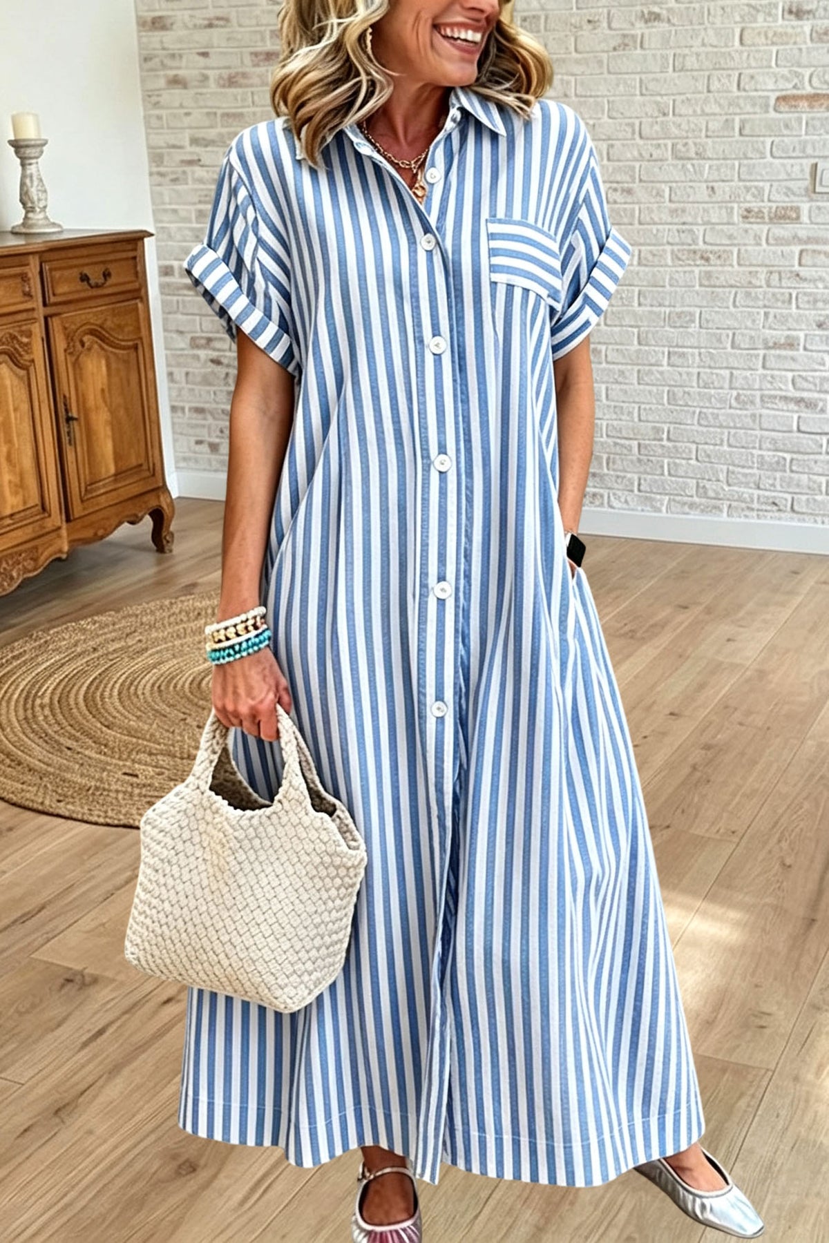 Striped Button Down Shirt Dress