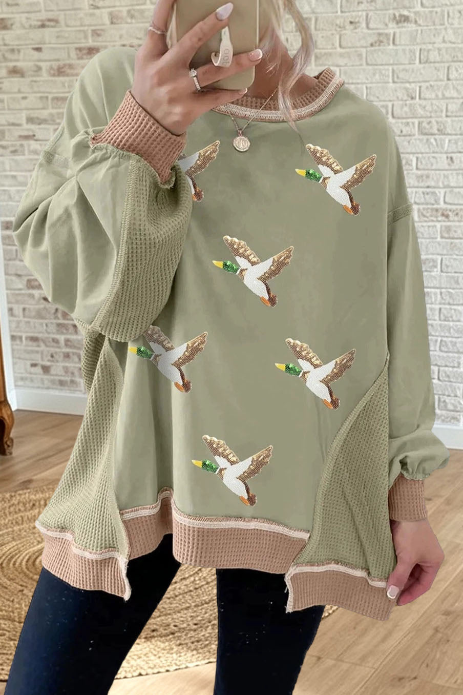 Flying Duck Sequined Waffle Sweatshirt
