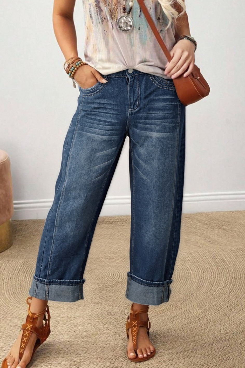 High Rise Wide Leg Cuffed Jeans