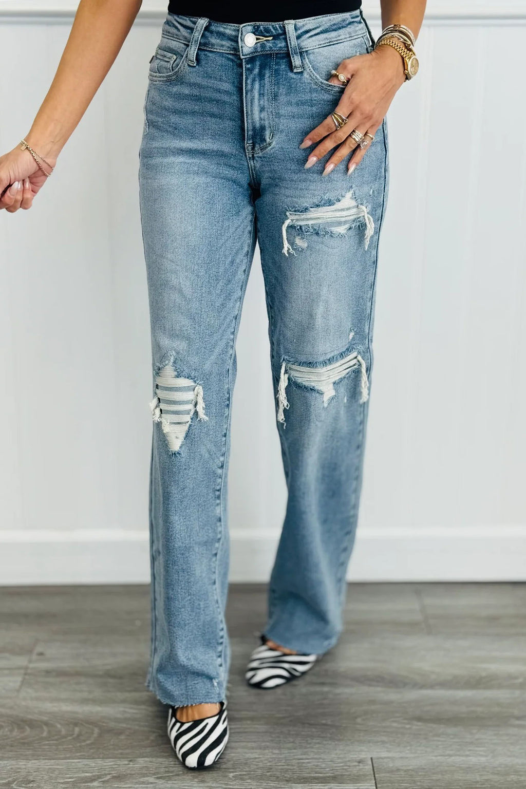 High Waist Ripped Straight Leg Jeans
