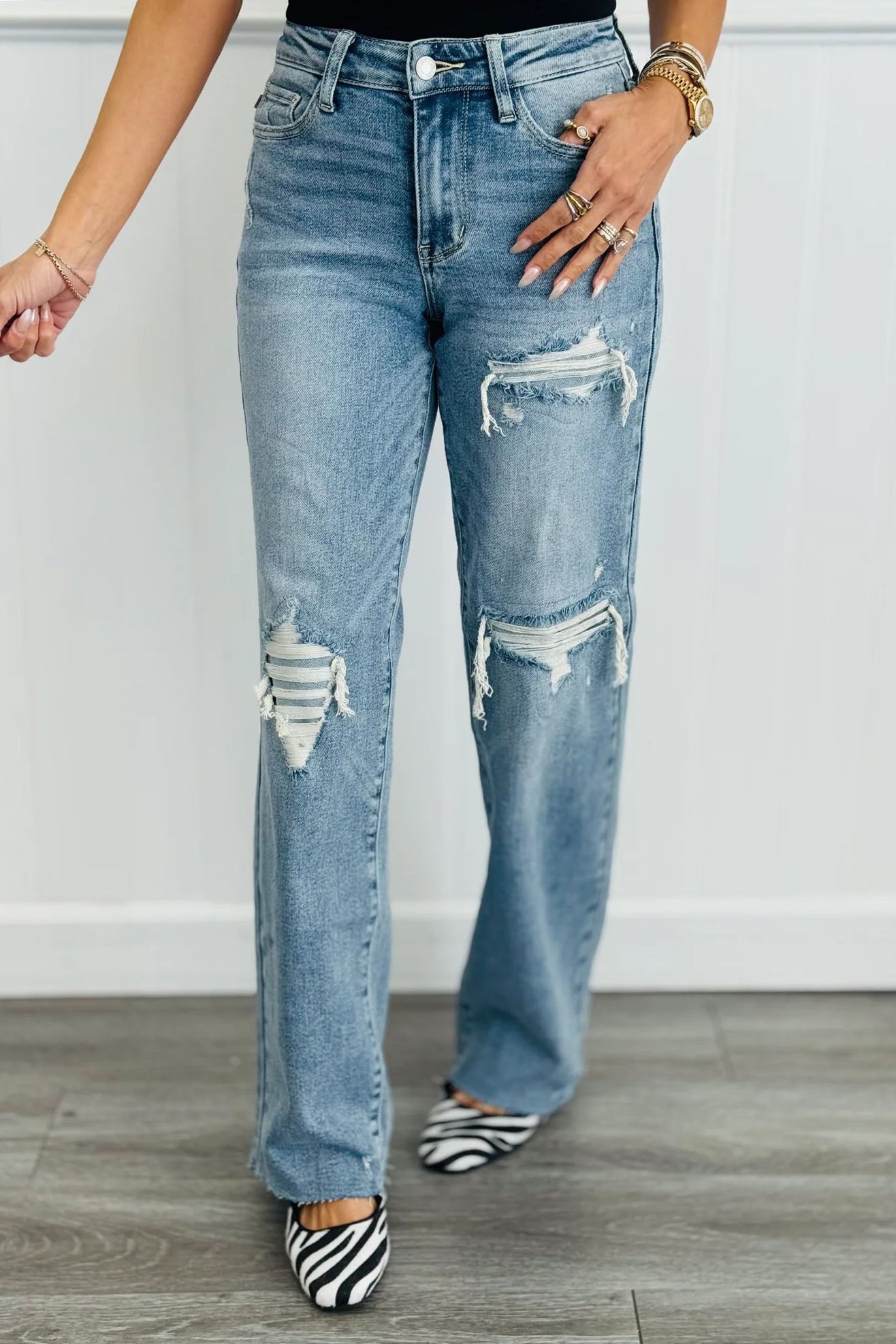High Waist Ripped Straight Leg Jeans