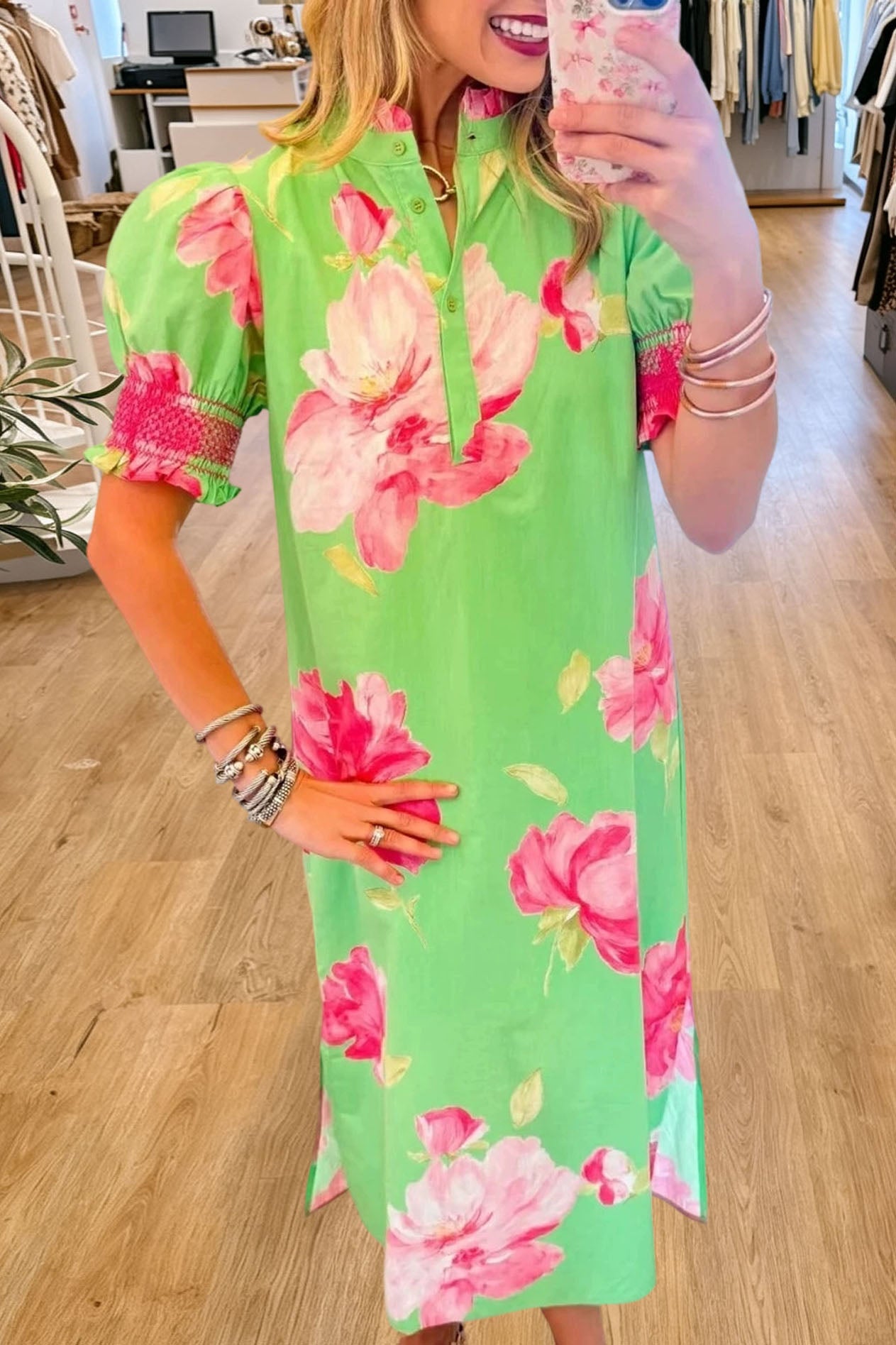 Floral Print Puff Sleeve Midi Dress