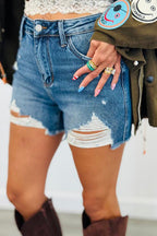 High Rise Distressed Denim Shorts