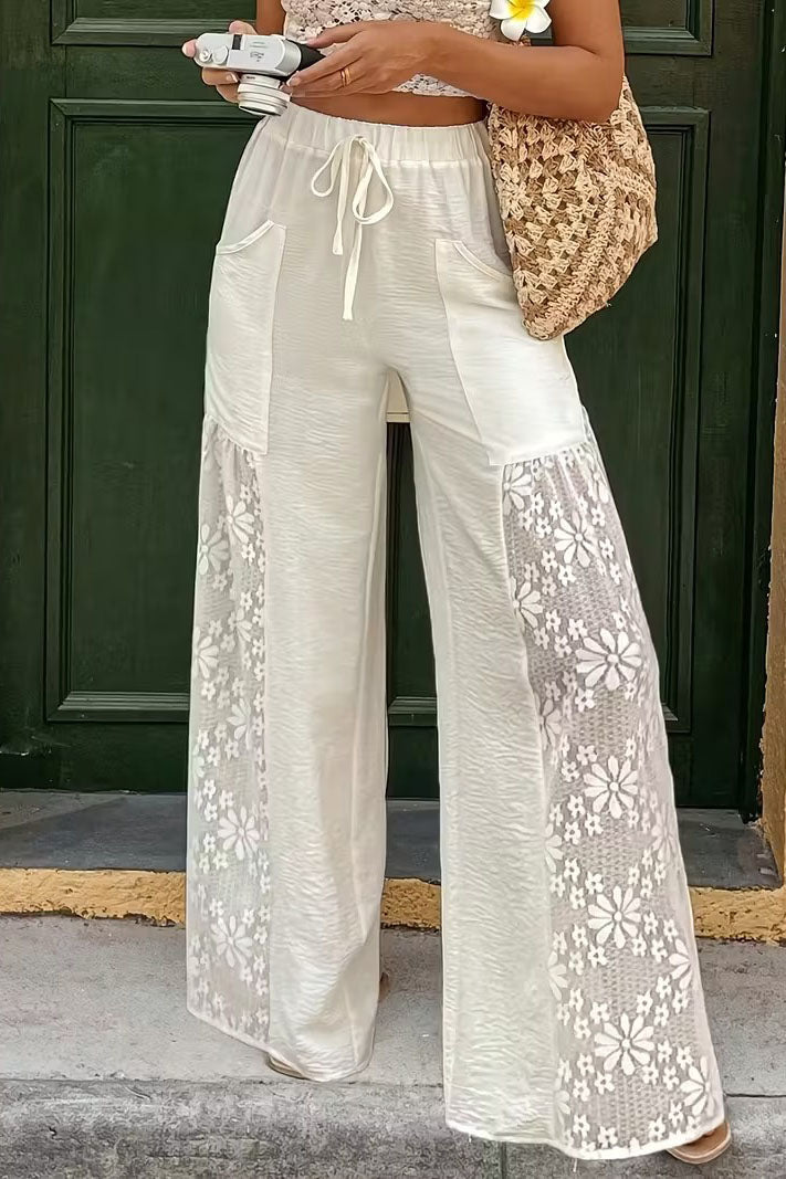 Lace Splicing Drawstring Wide Leg Pants