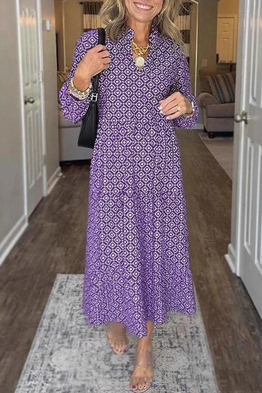 Geometric Print Long Sleeve Maxi Dress